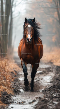 Majestic Brown Horse Galloping in Autumn Forest