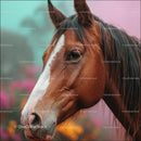 Brown Horse Against Pink and Green Floral Backdrop