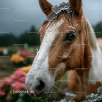 Chestnut Horse Close-Up with Glass Shards in Mane