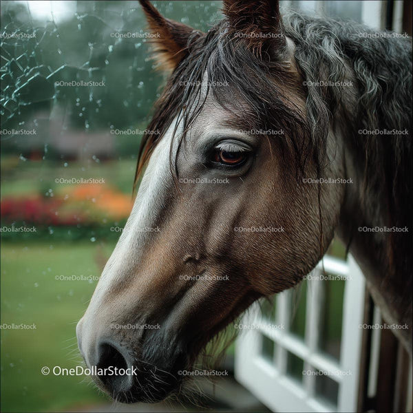 Graceful Horse Gazing Through Rain-Soaked Window