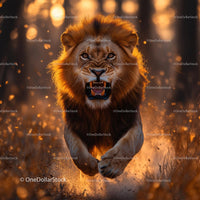 Roaring Lion Charging in Vibrant Sunlit Savannah
