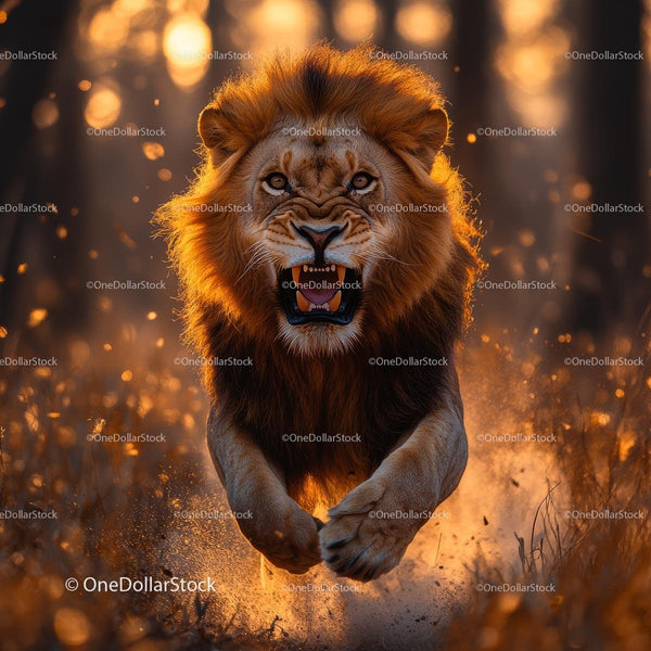 Roaring Lion Charging in Vibrant Sunlit Savannah