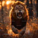 Roaring Lion in Golden Sunset on African Savannah