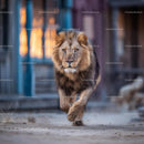 Powerful Lion in Motion Against Blurred Urban Background