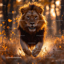 Majestic Lion Running in Glowing Autumn Forest