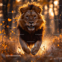 Majestic Lion Running in Glowing Autumn Forest