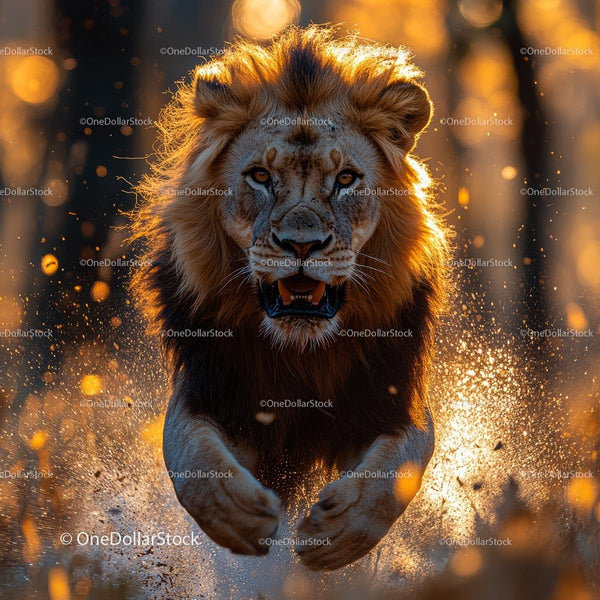 Majestic Lion Roaring at Golden Sunset in Dynamic Motion