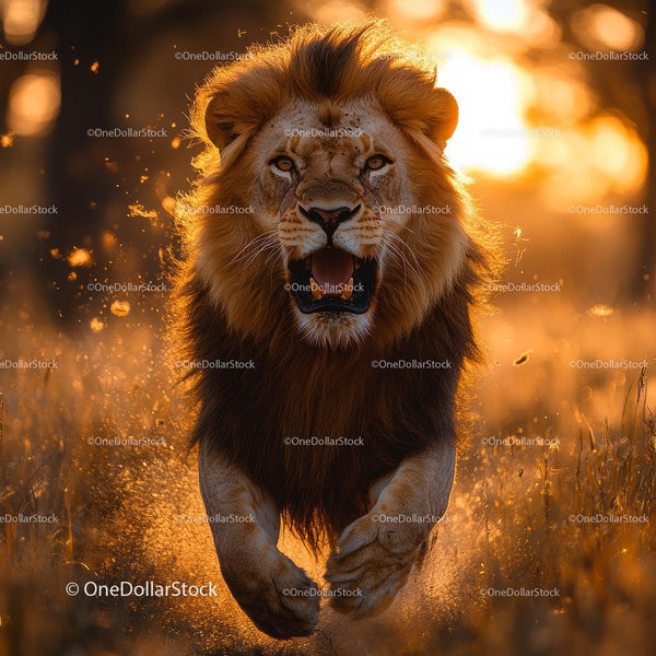 Majestic Lion Roaring at Sunset in the African Savanna