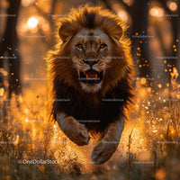 Majestic Lion Charging Through Golden African Landscape