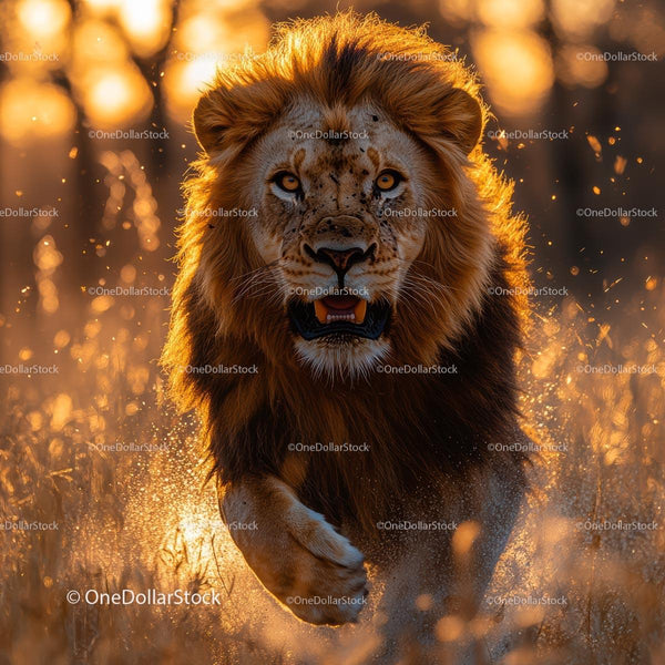 Majestic Lion Roaring Amidst Golden Sunset