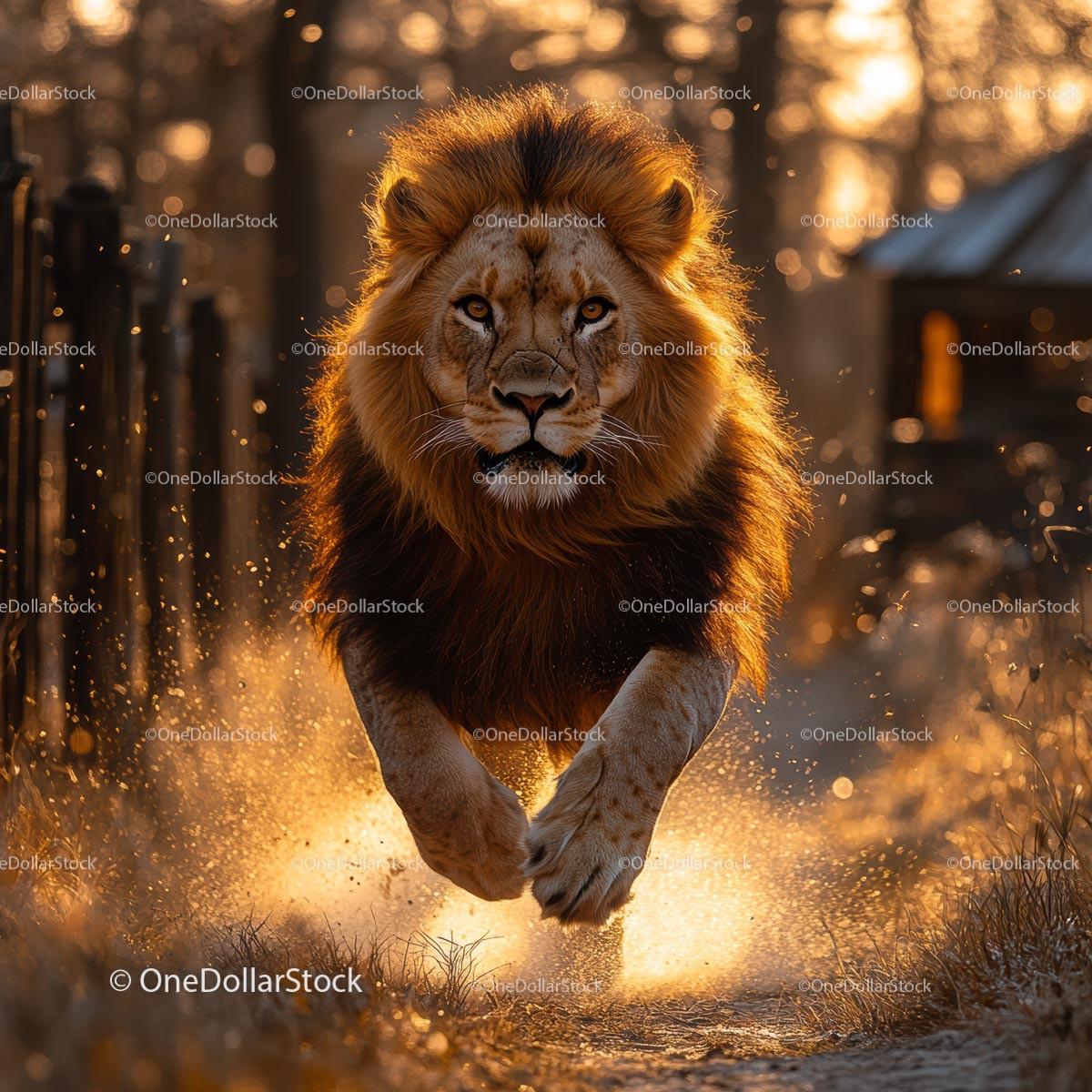 Majestic Lion Running through Sunlit Savanna