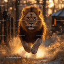 Majestic Lion Running through Sunlit Savanna