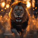 Powerful Lion Roaming Through the Golden Grassland