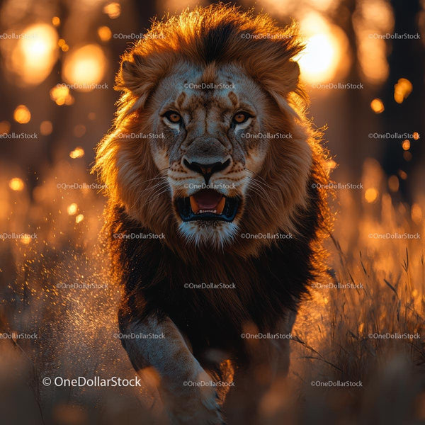 Powerful Lion Roaming Through the Golden Grassland