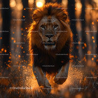Majestic Lion Charging Through Sunlit Forest