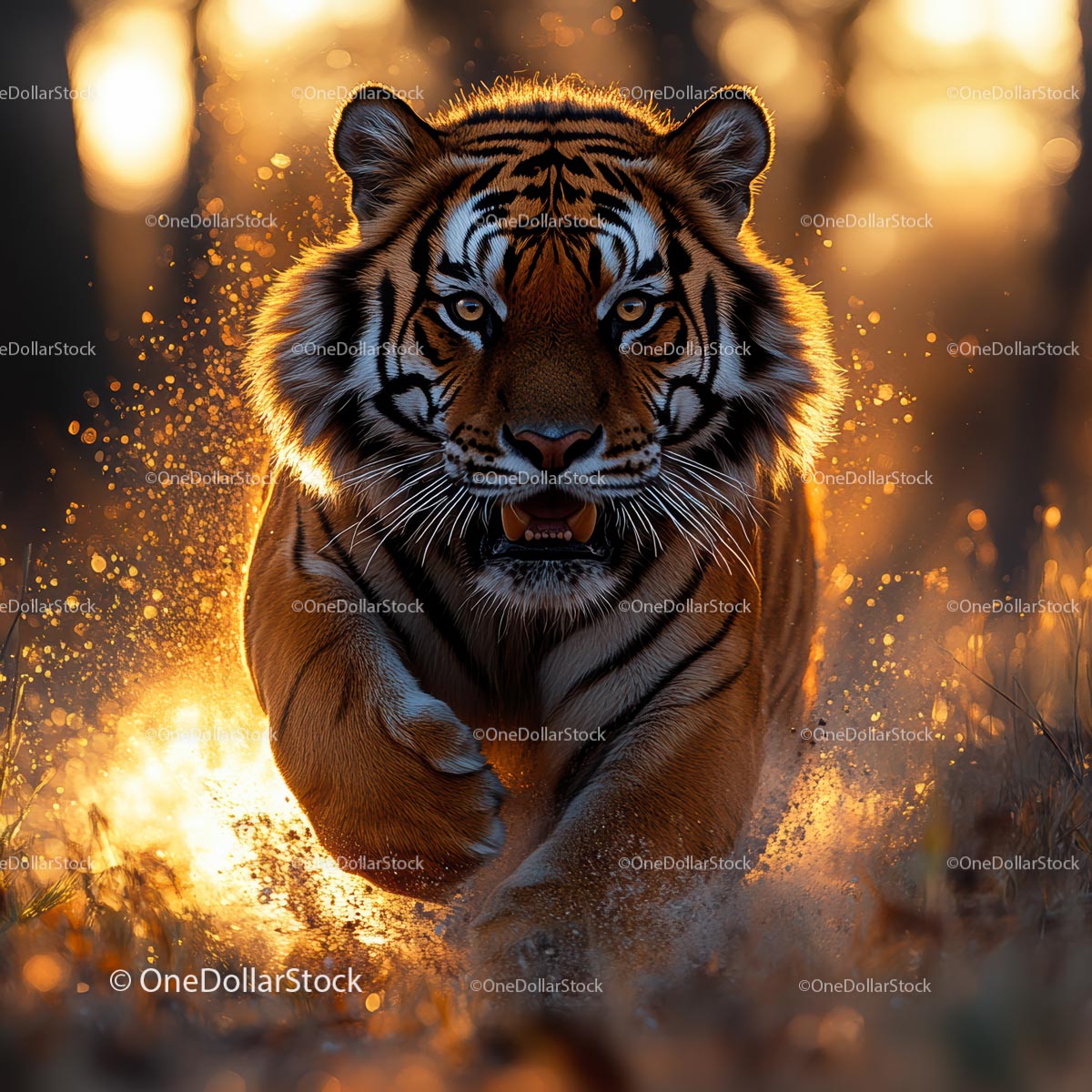 Majestic Tiger Running in Golden Sunset Light