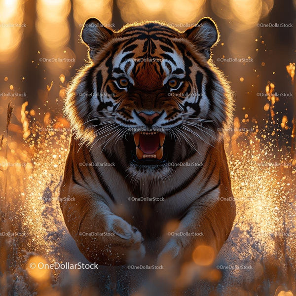 Fierce Tiger Charging Through Water in Sunlit Wilderness