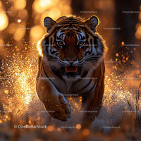 Majestic Tiger Charging in Golden Sunset