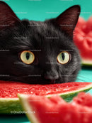 Black Cat with Watermelon Slice and Green Background