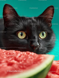 Curious Black Cat with Juicy Watermelon in Summer