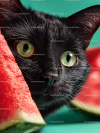 Curious Black Cat with Watermelon Slice