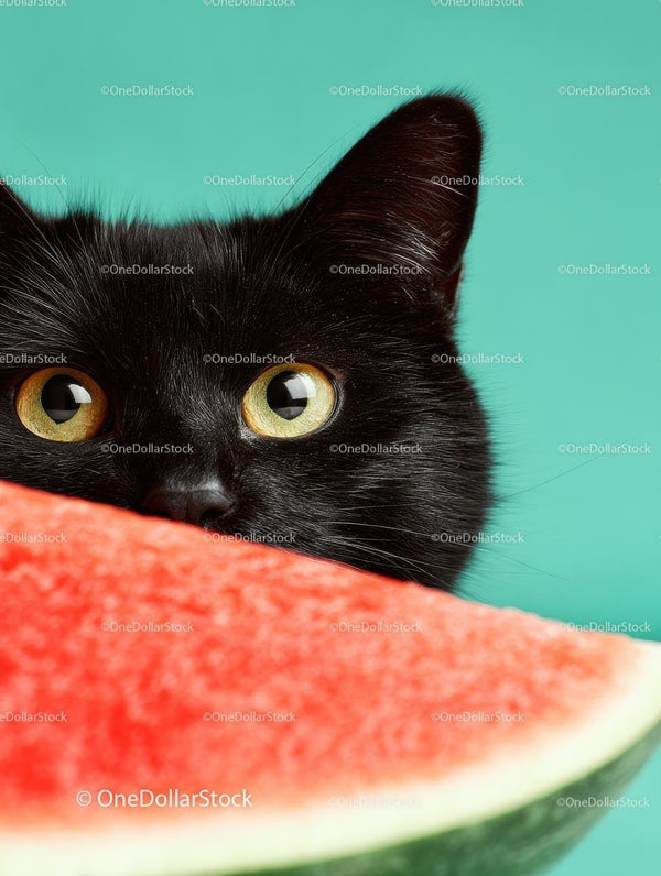 Playful Black Cat Peeking Over Juicy Watermelon Slice