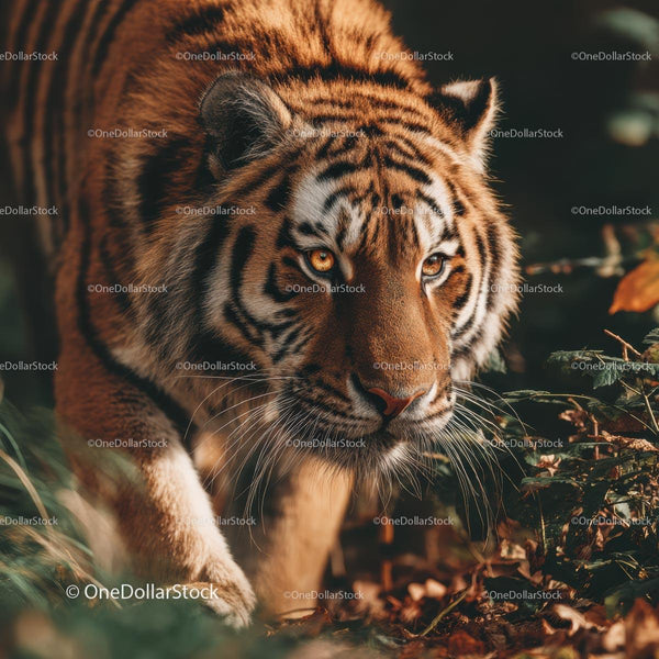 Majestic Tiger Stalking Through Autumn Forest