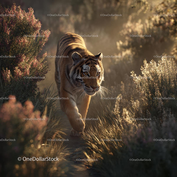 Majestic Tiger Stalking Through Sunlit Grassland