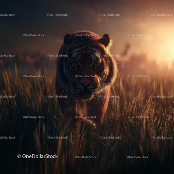 Tiger Stalking Through Grassland at Sunset