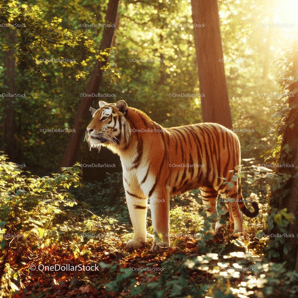 Majestic Tiger Bathed in Sunlight in Lush Forest