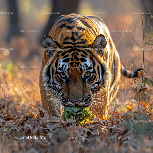 Majestic Tiger Stalking Through Autumn Foliage