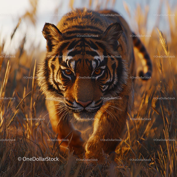 Majestic Tiger Stalking Through Sunset Grassland