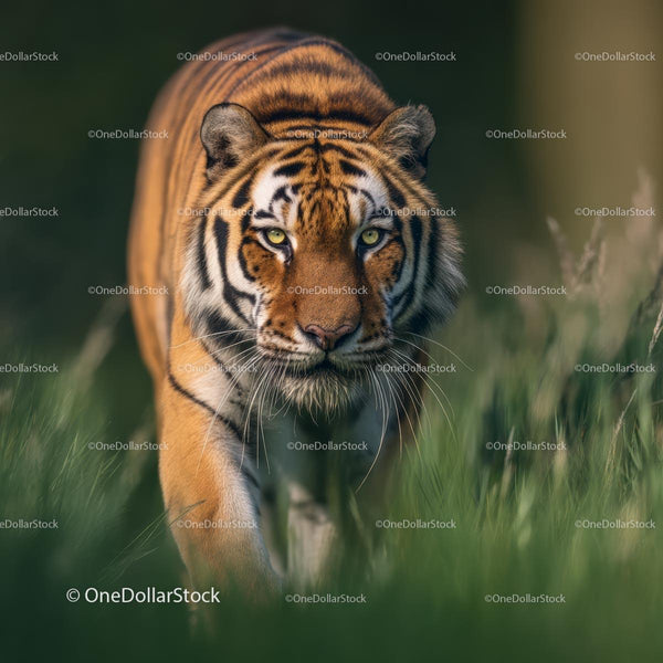 Majestic Bengal Tiger Stalking Through Lush Grassland