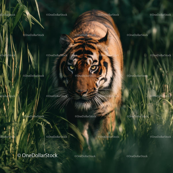 Majestic Tiger Stalking Through Lush Greenery