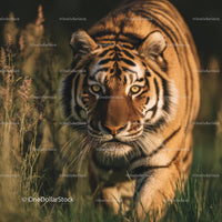 Majestic Tiger in Grassy Wilderness at Sunset