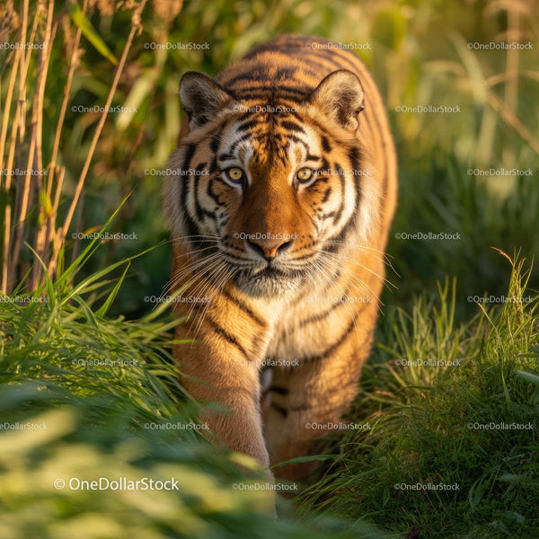 Majestic Siberian Tiger Strolling Through Lush Greenery