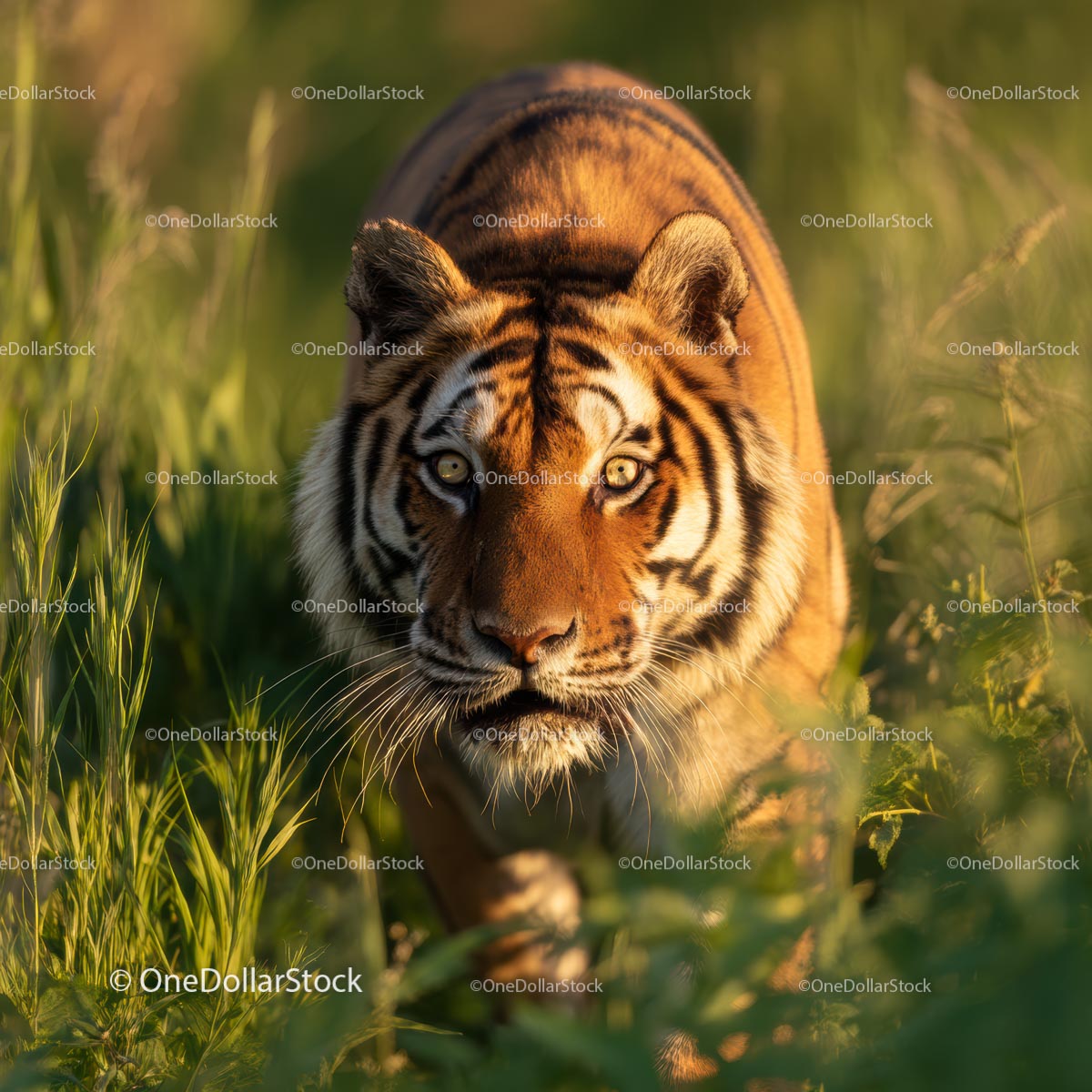 Bengal Tiger Stalking Through Grassy Field at Sunset