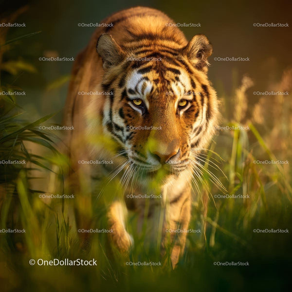 Majestic Tiger Stalking Through Lush Grass