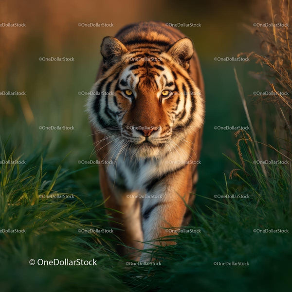 Majestic Tiger Stalking Through Tall Grass