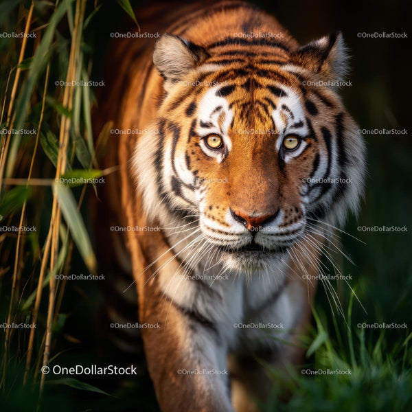 Majestic Tiger Stalking Through Lush Jungle Foliage