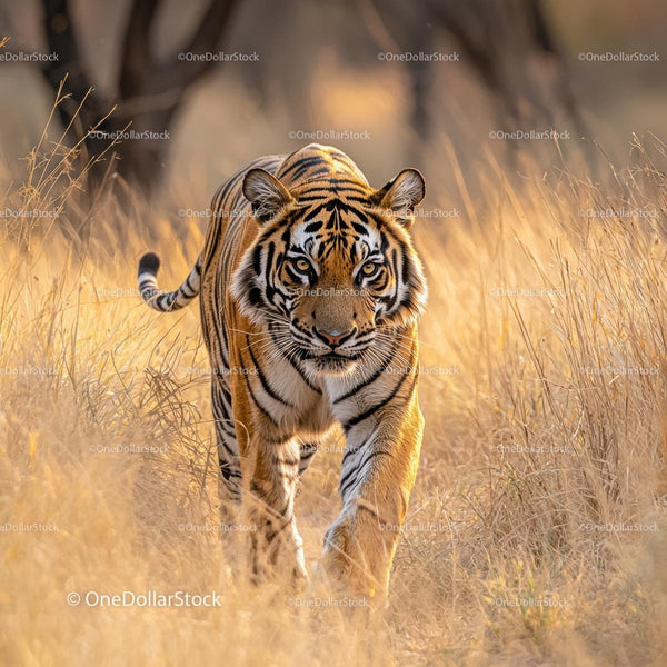 Majestic Bengal Tiger Stalking Through Sunlit Grassland
