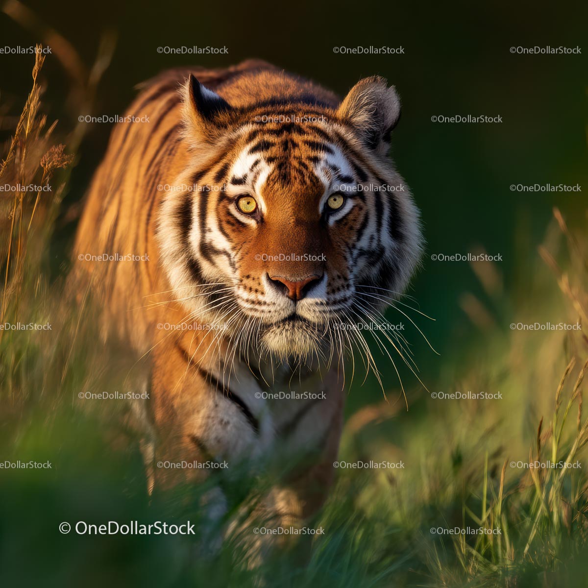 Bengal Tiger Stalking in Lush Grassland