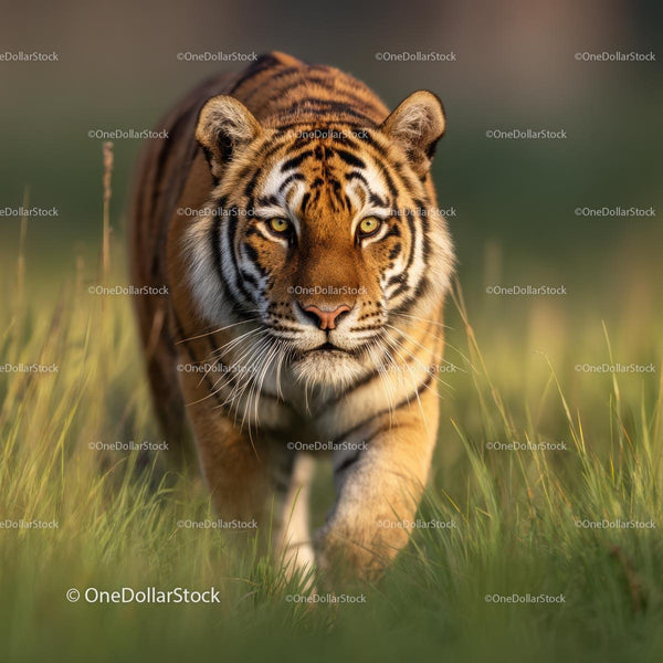 Majestic Bengal Tiger Strolling Through Grass