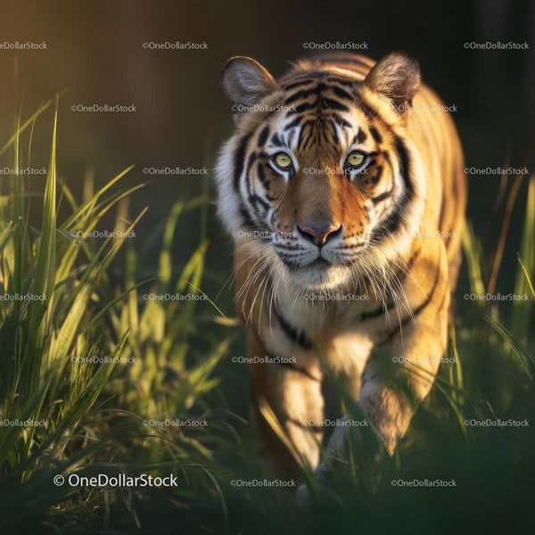 Majestic Bengal Tiger Roaming Through Lush Grassland