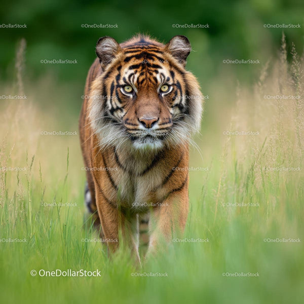 Majestic Tiger Striding Through Lush Green Grass