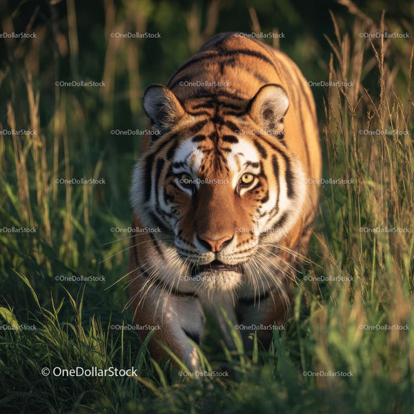 Majestic Tiger Stalking Through Tall Grass