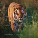 Majestic Tiger Stalking Through Green Grass