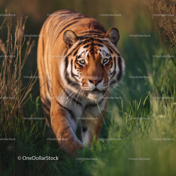 Majestic Tiger Stalking Through Green Grass