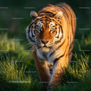 Majestic Tiger Walking Through Sunlit Grass