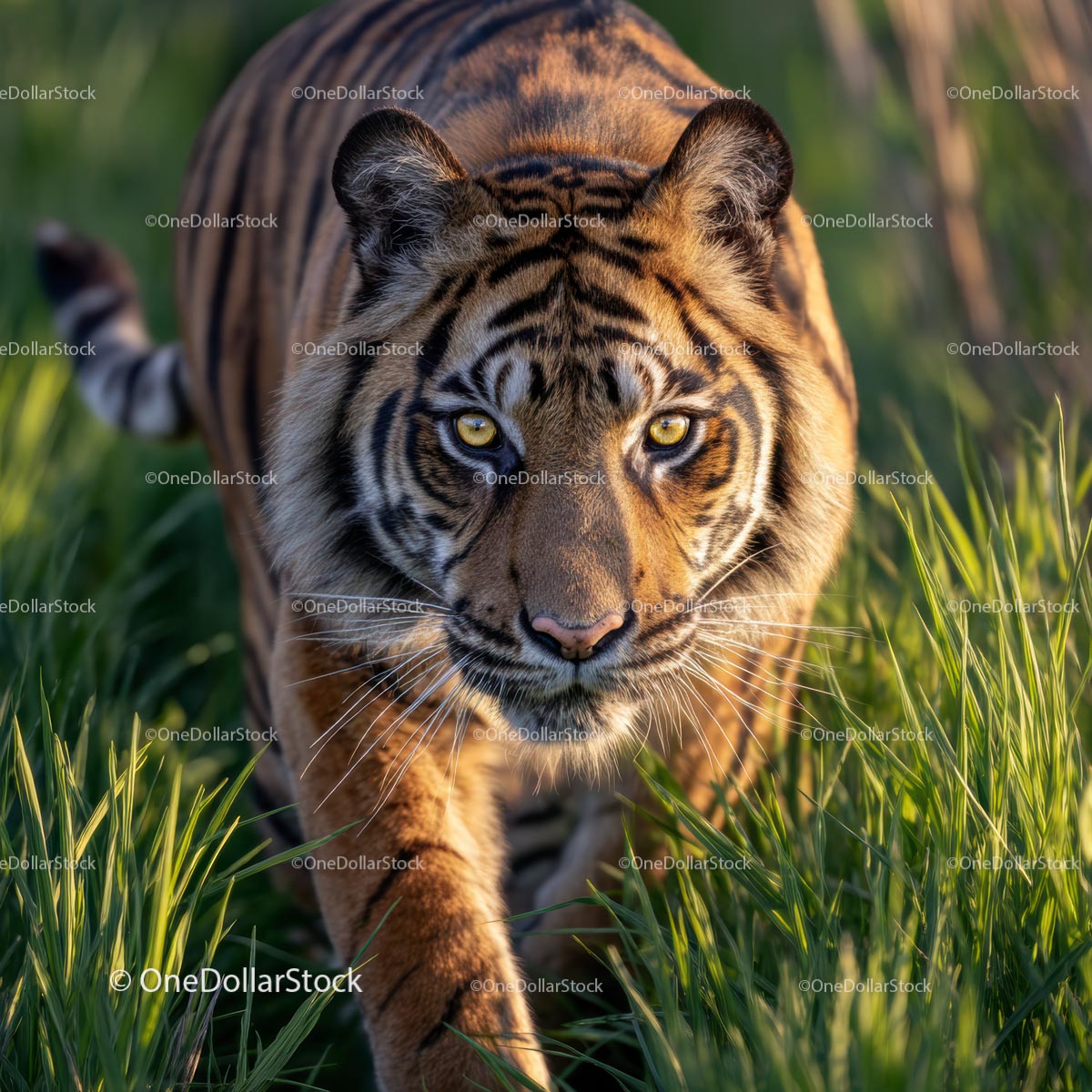 Bengal Tiger Stepping Gracefully in Lush Green Grass
